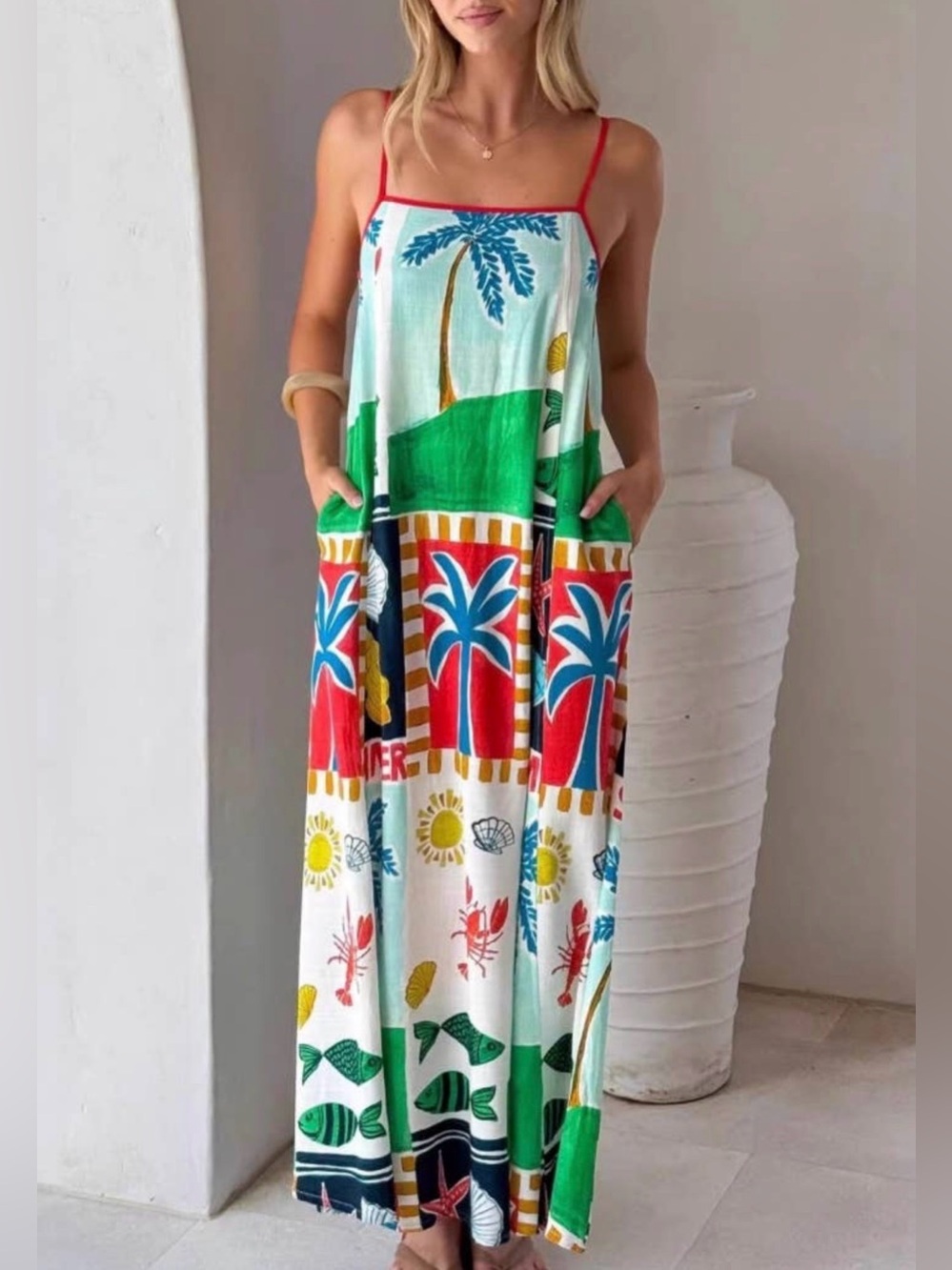 Rosa Clothing -Ocean Holiday print maxi spaghetti straps dress W/ Pockets